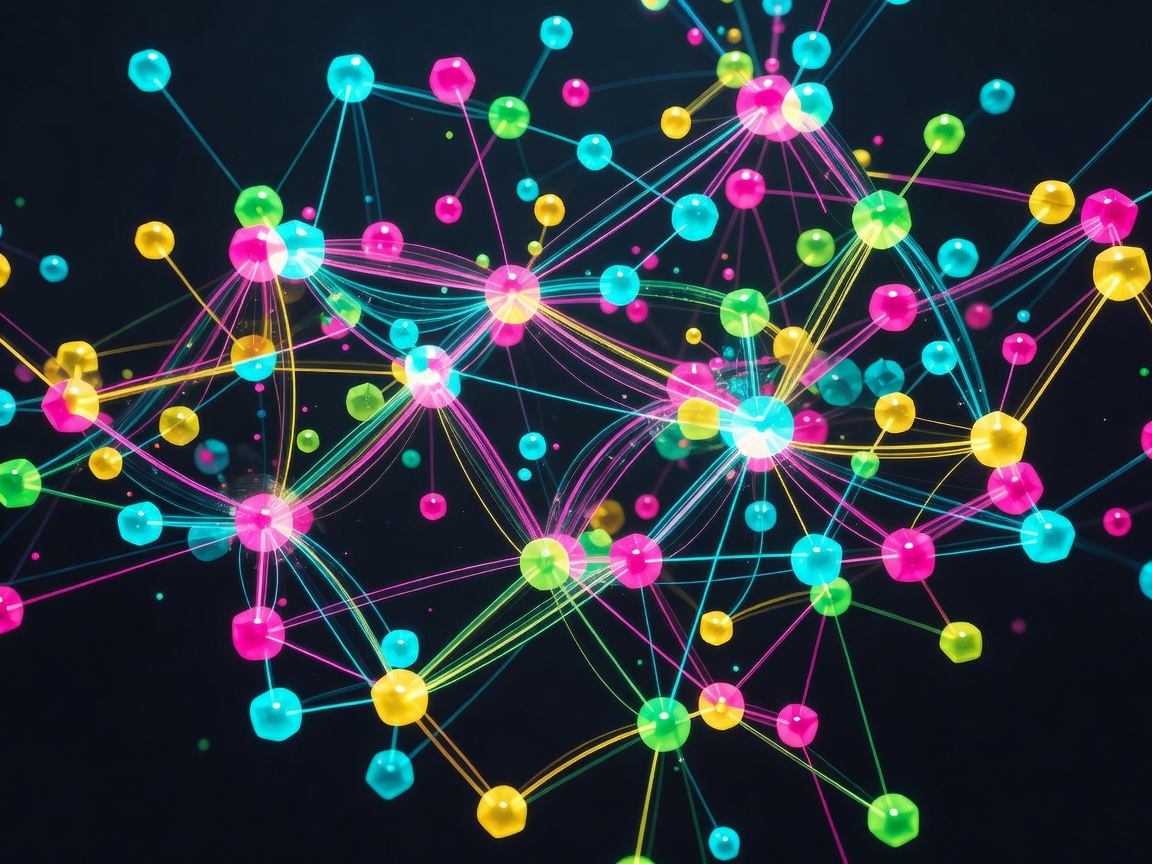 Colorful nodes connected by lines representing data flow