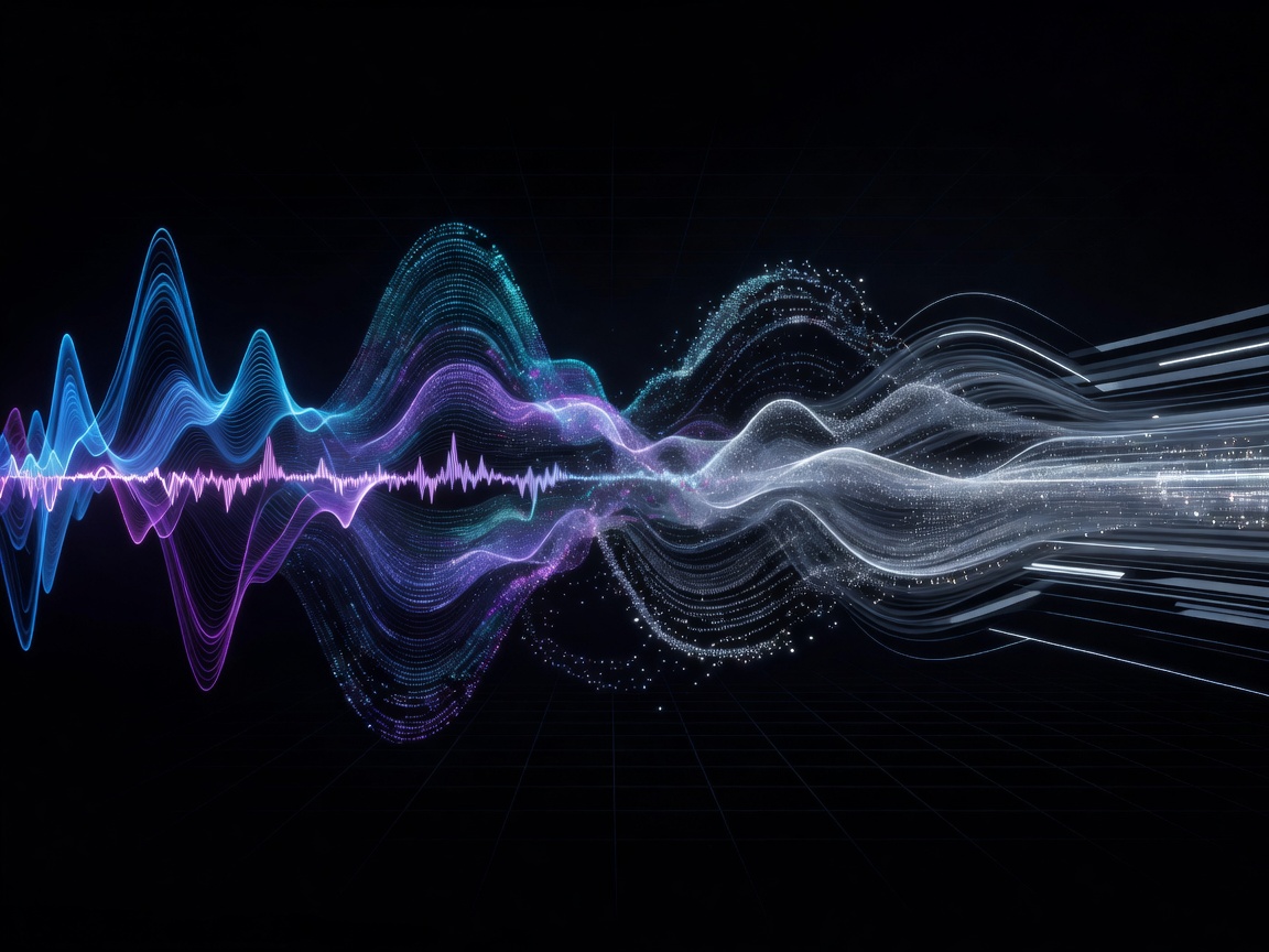 Futuristic visualization of audio and video waves morphing into data