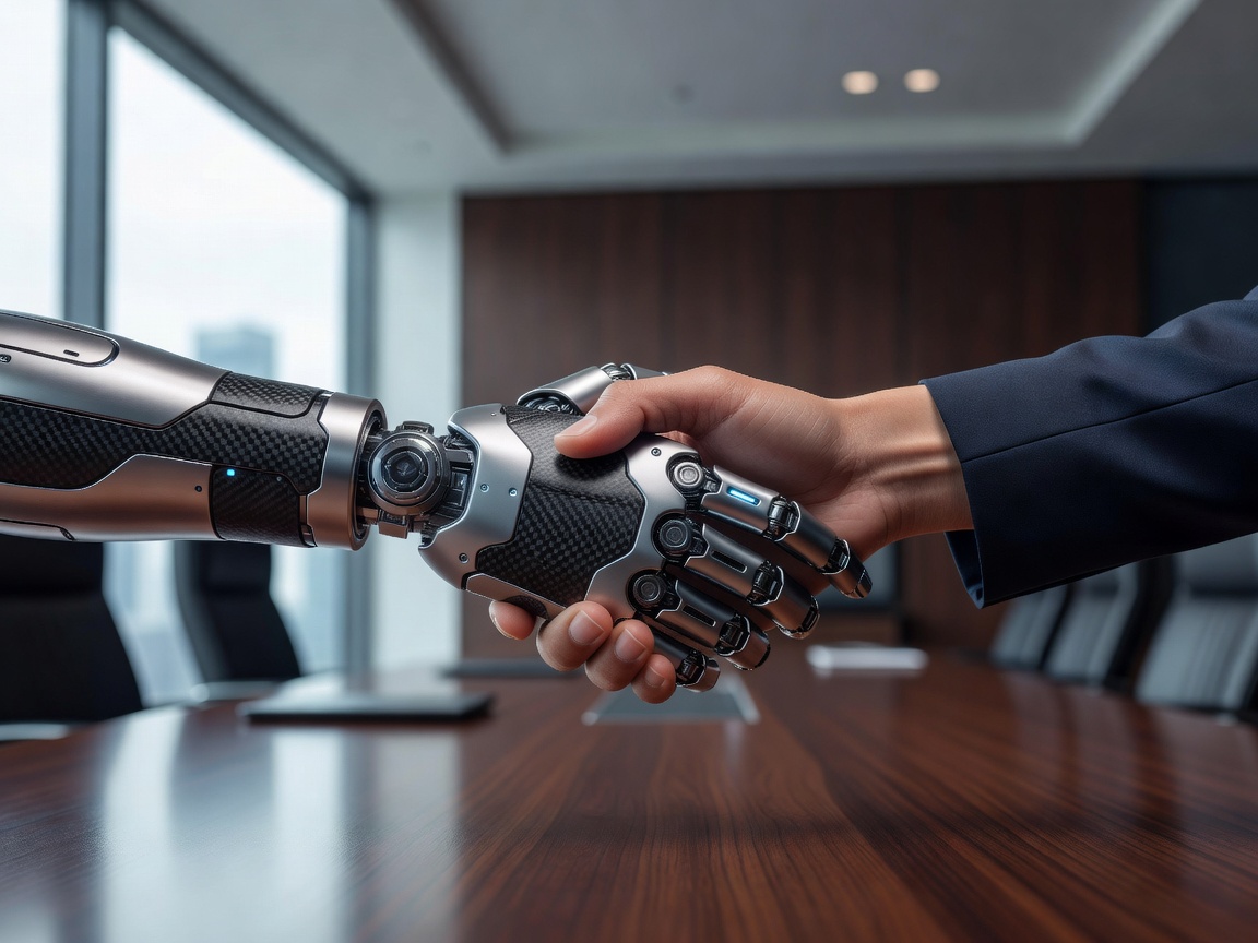 Robotic hands shaking human hands over a corporate desk